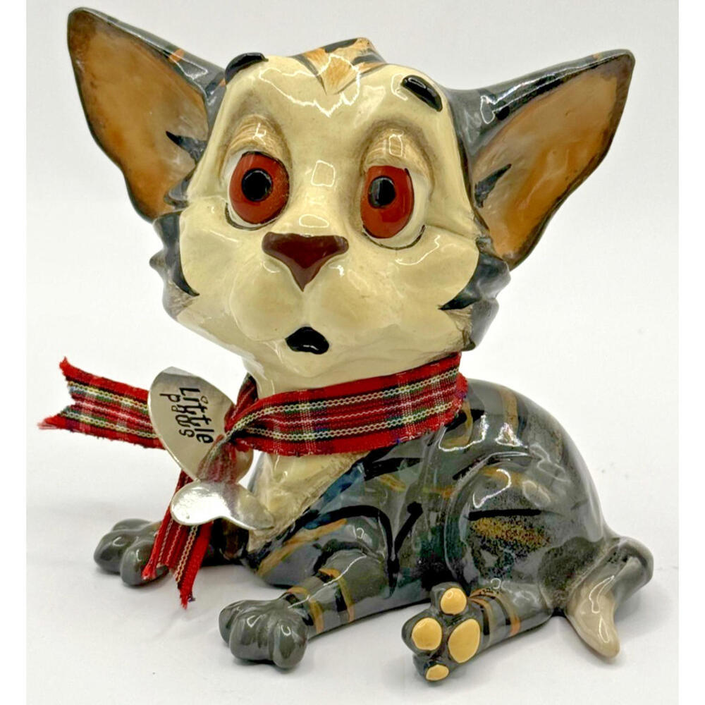 Little Paws Ceramistone Cat Figurine Tabby Kitten w/ Plaid Ribbon Heart Tag 1990